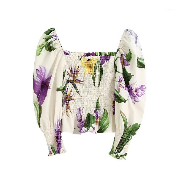 

blsqr women sweet floral print ruffled crop blouses fashion puff sleeve elastic female shirts square collar chic 1, White