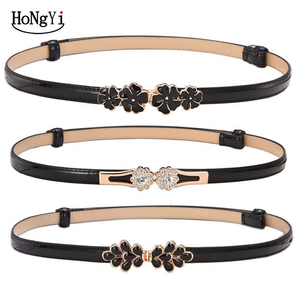 

2020 women double flower belt female black red white pu leather dress skirt waist elastic thin belts ladies designer waistband, Black;brown