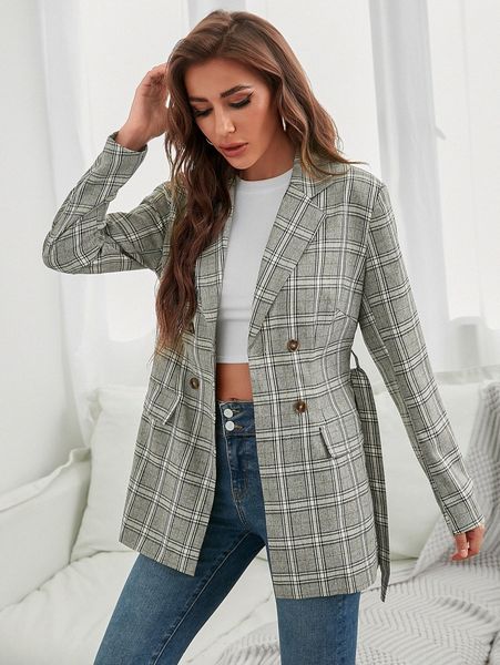 

plaid print double breasted belted blazer y6np#, White;black