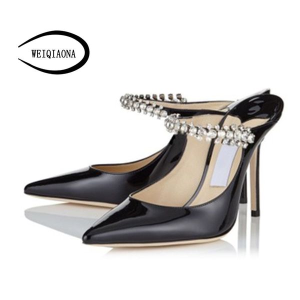 

weiqiaona spring and summer low heel stiletto pointed shoes gauze rhinestone sandals foot ring strap t200525, Black