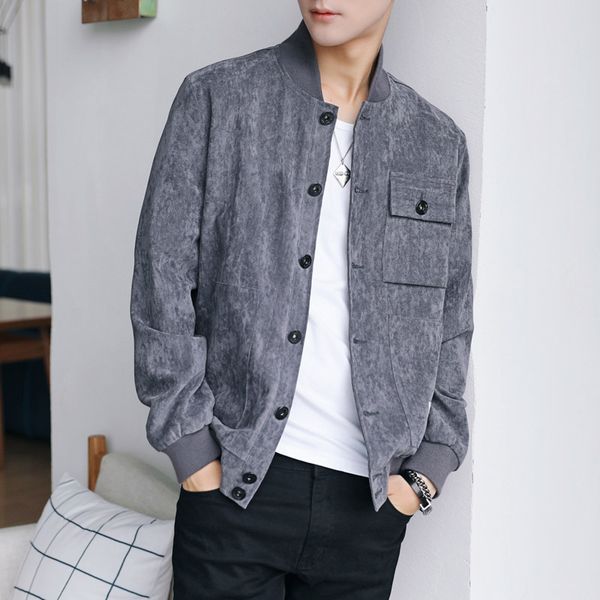 

2020 solid male color section baseball jacket simple fashion button light design collar thin coat, Black;brown