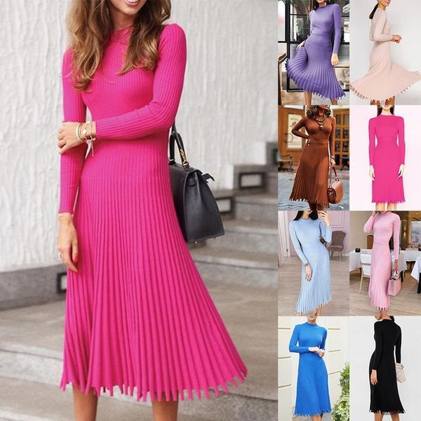 

elegant pleated sweater mid-length dress for women winter autumn office knitted slim dress1, Black;gray