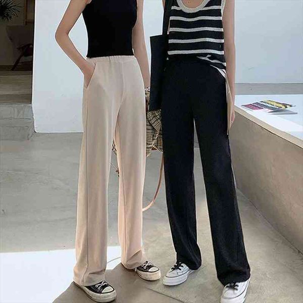 

slacks womens loose summer pants soft ice silk ankle-length black wide leg pants grey khaki women high waisted trousers, Black;white