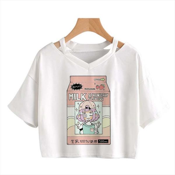 

crop women summer fashion japanese harajuku cute soft milk box printing loose short sleeve casual girl funny large size, White