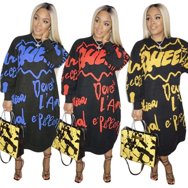 

casual dresses winter womens letters printed o neck loose long sleeve woman dress female vestido robe, Black;gray