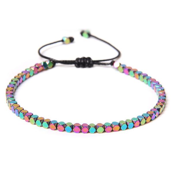 

new rainbow color braid bracelets for men 4mm faceted cube beads bracelet women plating black hematite pulsera jewelry for party
