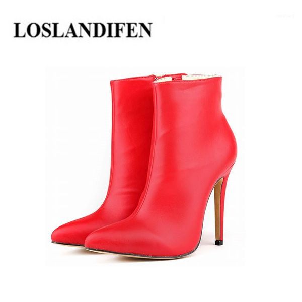 

loslandifen shoes women thin high heel 11cm pointed toe ankle zipper boots for women spring matte red black white shoes 7694yg1