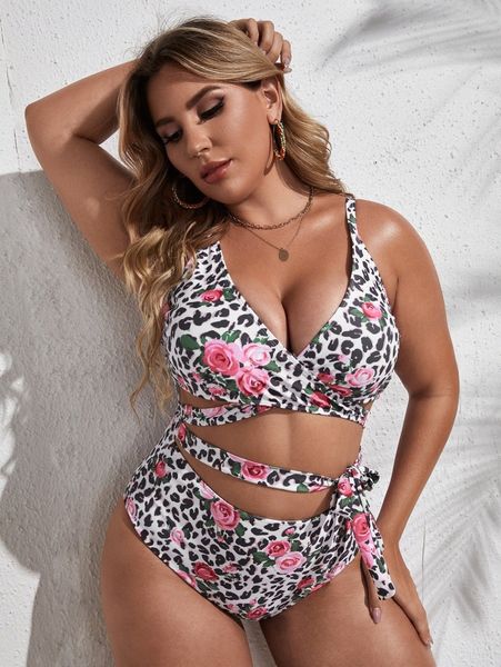 

plus floral & leopard knot one piece swimsuit k9d8#, Black