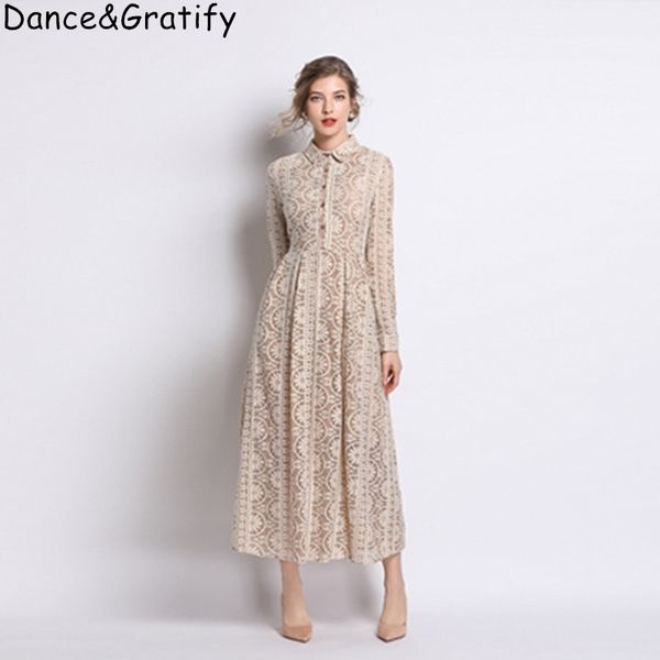 

khaki lace hollow out casual dress new women's turn-down collar big swing long maxi party dress 201204, Black;pink