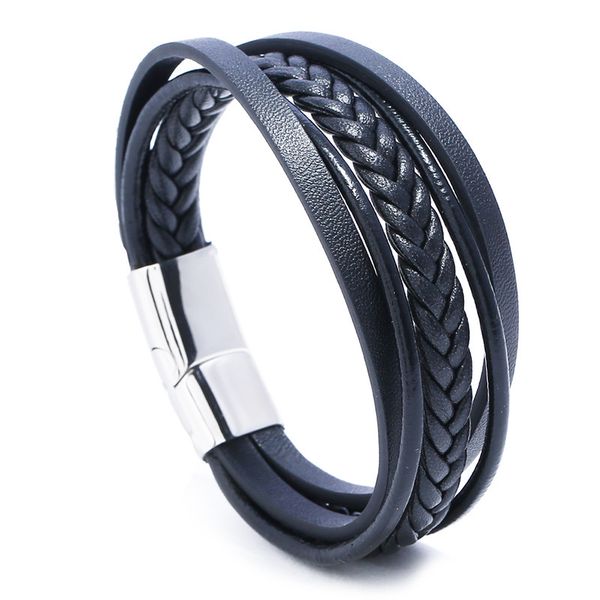 

jewelry simple woven multilayer stainless steel leather bracelet men's personalized titanium steel leather bracelet, Silver
