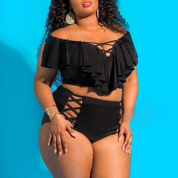 

plus size swimwear l-4xl-5xl high waist bikinis set fatten bodysuit large size swimsuit women bikini ruffle bathing suits y200319, White;black