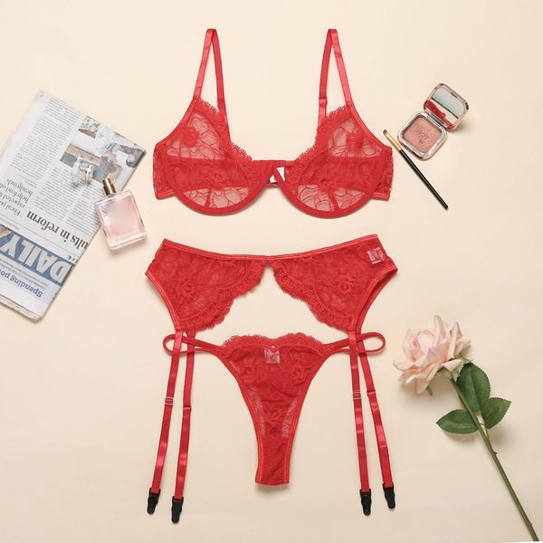 

new women fashion floral lace seamless underwire brassiere bra and thong lingerie set garter for ladies underwear, Red;black