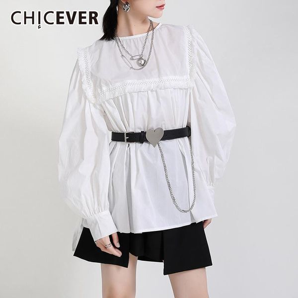 

chicever temperament casual blouse for women o neck patchwork lantern sleeve tassel ruched blouses female 2020 fashion new style, White