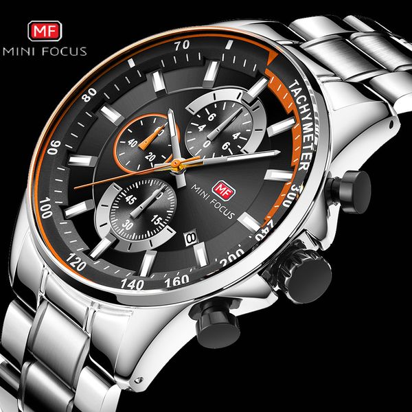 

mini focus classic quartz mens watches brand luxury 3 sub-dial 6 hands date display fashion sports chronograph wristwatch, Slivery;brown