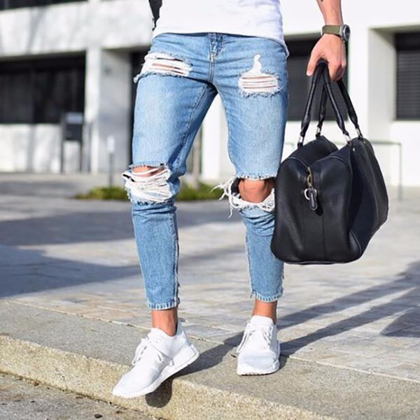 

male streetwear wear torn stretch design pencils ankle pants thin man jeans, Blue