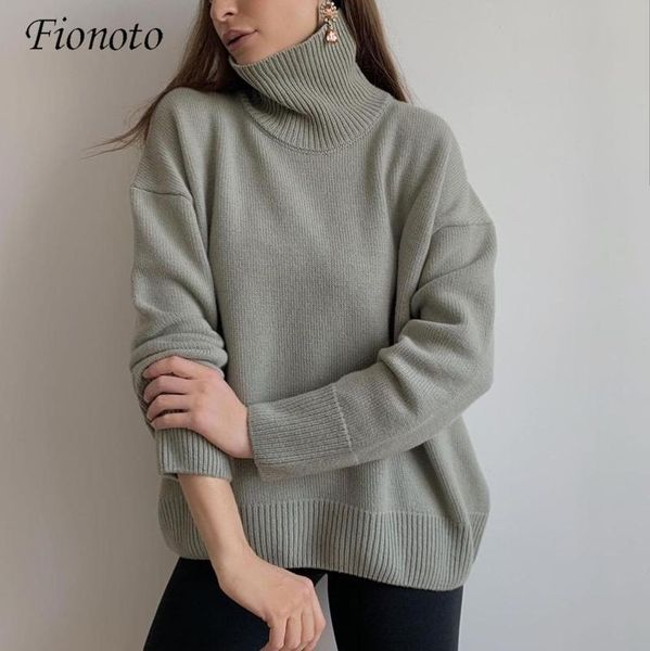 

women's knits & tees fionoto casual loose turtleneck sweater basic soft warm cosy drop shoulder sleeve high street solid winter 2021, White