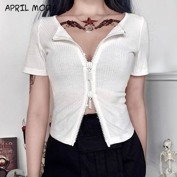 

women's t-shirt vintage goth girl punk women v-neck zipper short sleeve slimtumblr clothes summer black white gothic tees femme