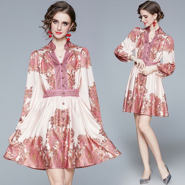 

new spring summer fall runway vintage print bow v neck long sleeve empire waist women ladies casual party a-line mini short shirt dress, Black;gray