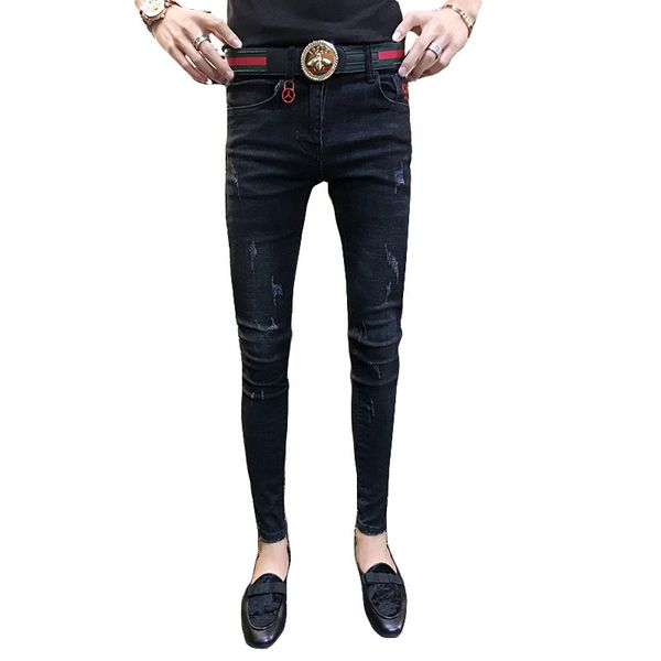 

wholesale 2020 fashion casual ny men hip hop students korean trendy jeans men's social feet spirit guy pants, Black