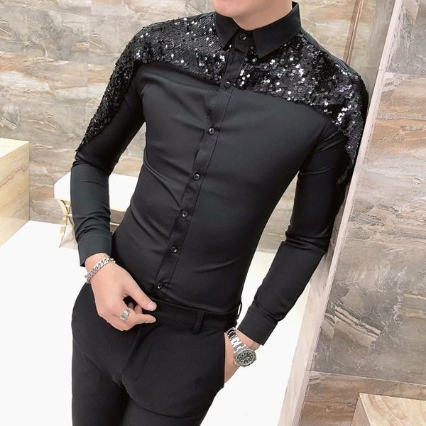 

men's dress shirts 2021 spring korean man long sleeve masculina clothes split joint men shirt camisa homem1, White;black