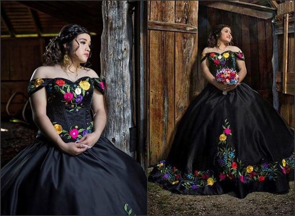 

black quinceanera dresses printed colorful embroidery flowers ball gown satin with sleeves off the shoulder vestidos 15 anos, Blue;red