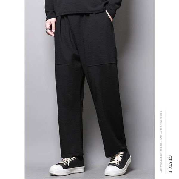 

men's pants japanese dark department simple with solid color loose leg straight trousers large size nine casual korean version, Black
