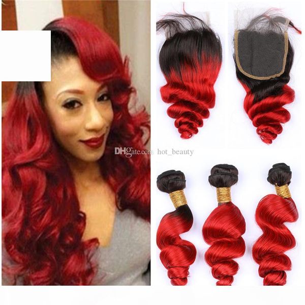 

black to red ombre loose wave 3bundles with closure 4pcs lot dark root brazilian virgin human hair #1b red ombre weave extensions