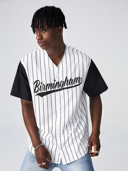 

men contrast sleeve buttoned front letter and striped shirt y2u6#, White;black