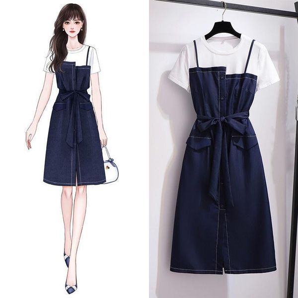 

women dresses summer 2021 vintage splice casual dresses belt bow round neck tshirt midi dress plus size 6xl dress female, Black;gray