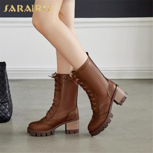 

sarairis new design 2021 british style comfy bootie women shoes thick heels lace-up casual platform fashion shoes ladies boots, Black