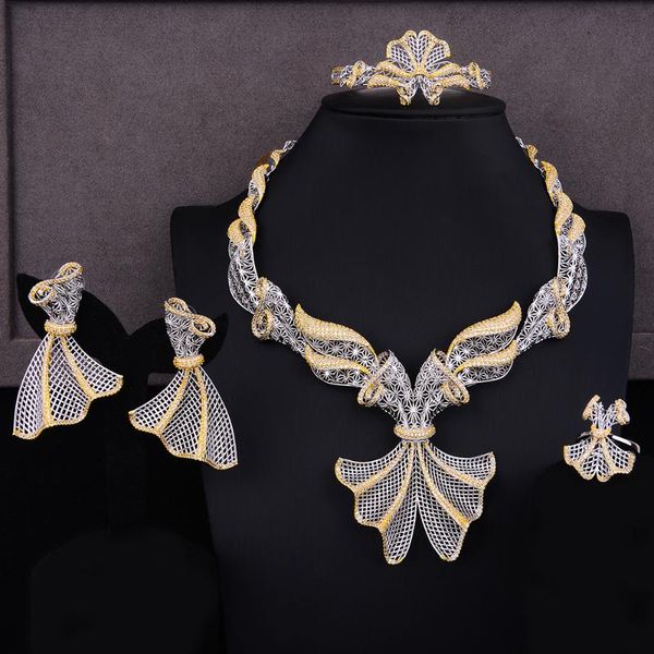 

siscathy 4pcs luxury dubai nigerian cz hyperbolic necklace bangle drop earrings ring for women bridal wedding jewelry sets 2020, Silver