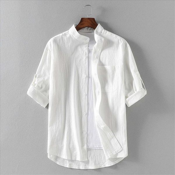 

2021 summer short sleeve shirts men loose thin casual 100% cotton shirts male fashion stand solid color shirt men 5xl, White;black
