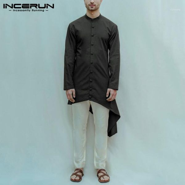 

men's casual shirts incerun men long style shirt sleeve stand collar button kurtas solid retro irregular muslim kaftan camisas 20211, White;black