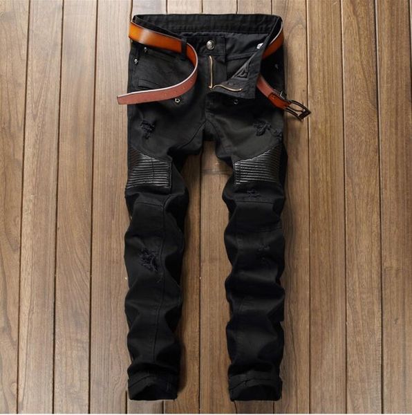

fashion designer mens ripped biker jeans leather patchwork slim fit black moto denim joggers for male distressed jeans pants, Blue