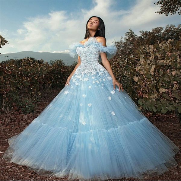 

light sky blue prom dress ruched tulle evening dresses off shoulder appliqued lace elegant party dress custom made robe de soiree cheap, Black;red