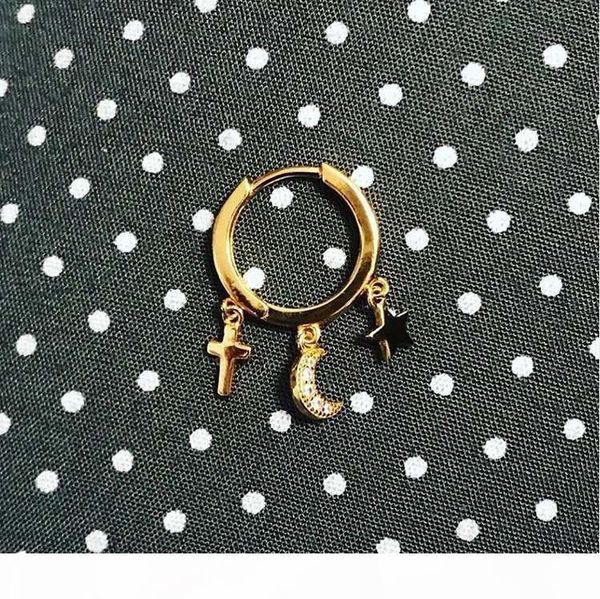 

minimal delicate diy huggies hoop earrings for women mini cross star moon cz charm 100% 925 sterling silver drop pendant earring, Golden;silver