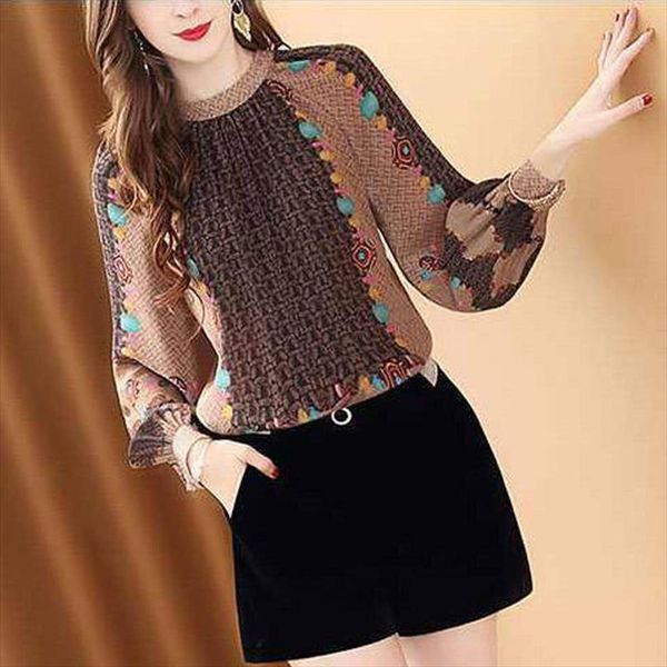 

fashion printed long sleeved shirt female high collar loose lantern sleeve button design blouses pullover women spring autumn, White