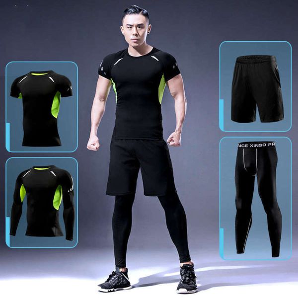 

fitness gym men's quick dry clothes spring running basketball tights training suit 4 piece set, Gray