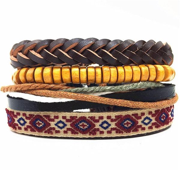 

ethnic 4 pcs/set wood beads charm handmade woven men leather bracelets women vintage bangle male homme jewelry acc qylidg, Golden;silver