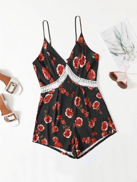

plus floral print lace panel cami romper e5u7#, Black