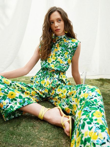 

allover floral tied backless jumpsuit 71c9#, White