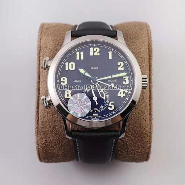 

gr 42mm calatrava pilot travel time complications cal.324 s c fus automatic mens watch 5524g-001 blue dial leather strap gents watches, Slivery;brown