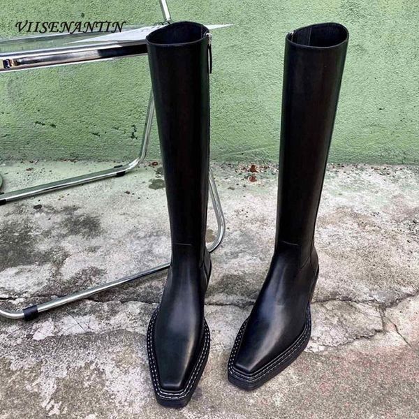 

boots 2021 autumn winter all-match square toe high side zipper thick heel retro british style thin knee-length women1, Black