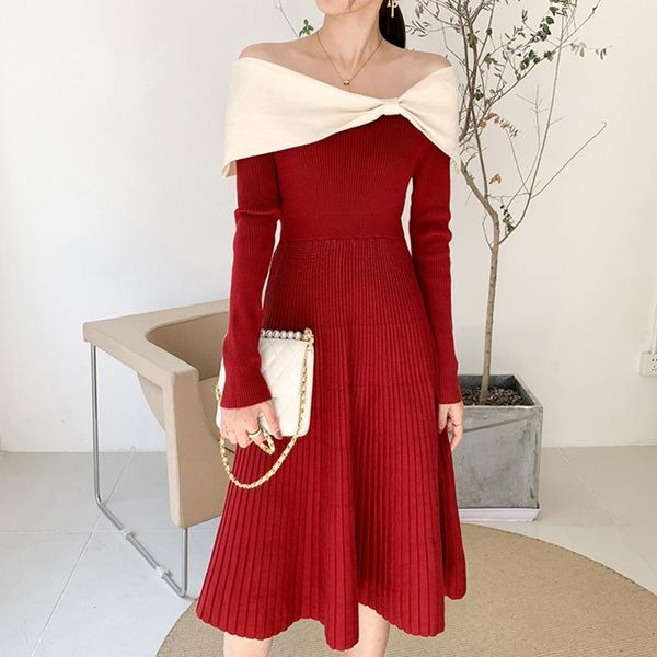 

casual dresses sweet winter autumn dress korean fashion thin simple elegant designer s christmas bowknot one word collar1, Black;gray