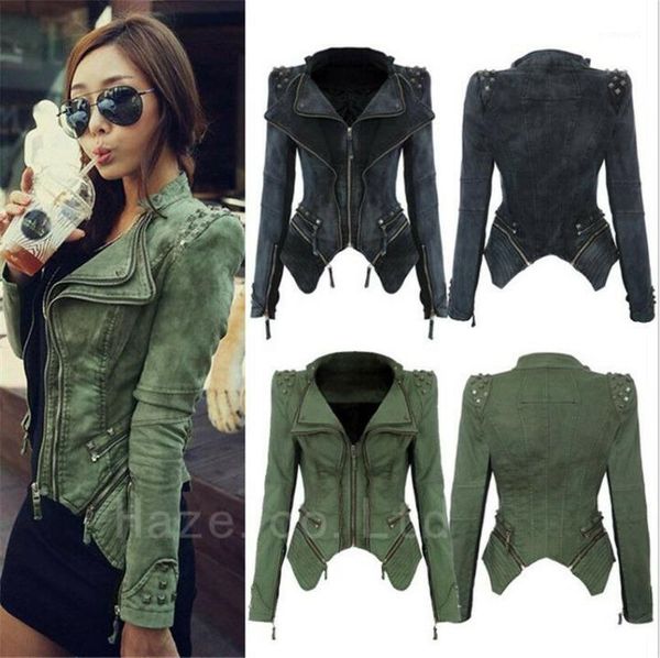

fashion women rock punk rivet studded denim moto jean slim jacket coat1, Black;brown