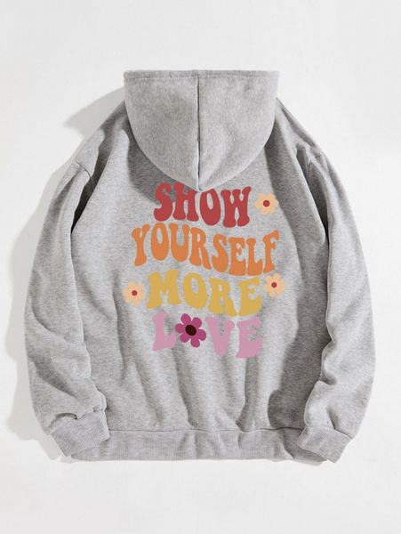 

slogan & floral print kangaroo pocket thermal drawstring hoodie r7wc#, White;black