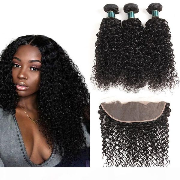 

kinky curly 13*4 lace frontal with bundles brazilian virgin human hair weave 3 bundles with frontal hair extensions 12-26 inch, Black