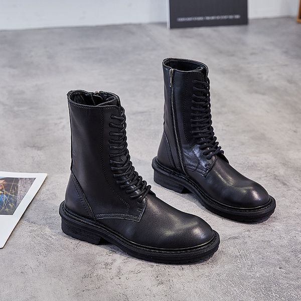 

ann net red children autumn winter middle heel british martin high tube leather short boots women motorcycle, Black