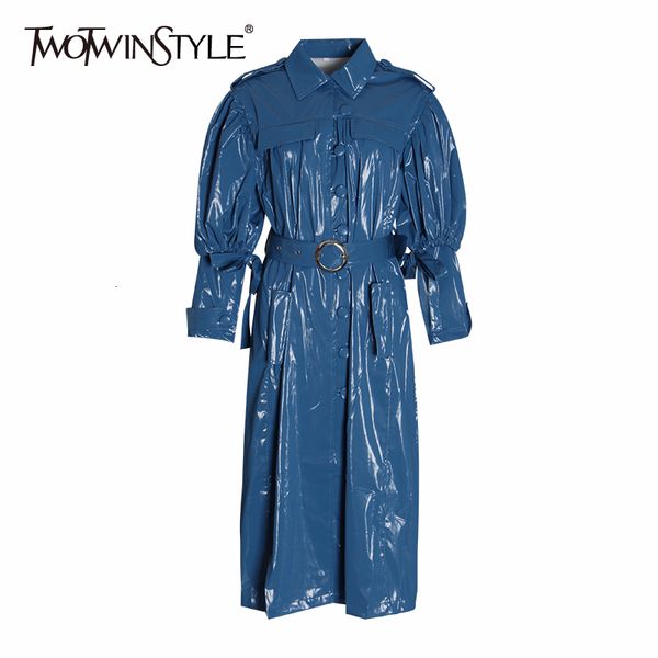 

twotwinstyle pu leather trench coat female lapel collar puff sleeve high waist lace up windbreaker women spring fashion new 201030, Black