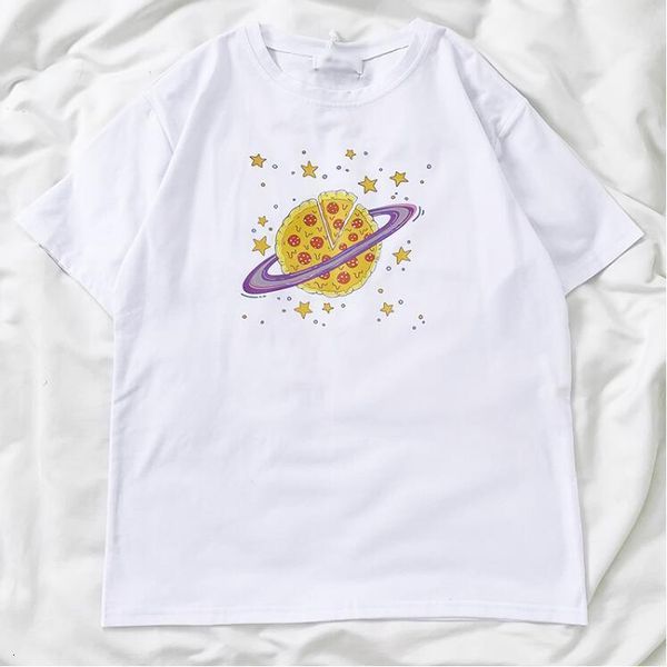 

planet pizza cute girl print summer loose o neck short sleeve t-shirt women drop shipping good quality, White